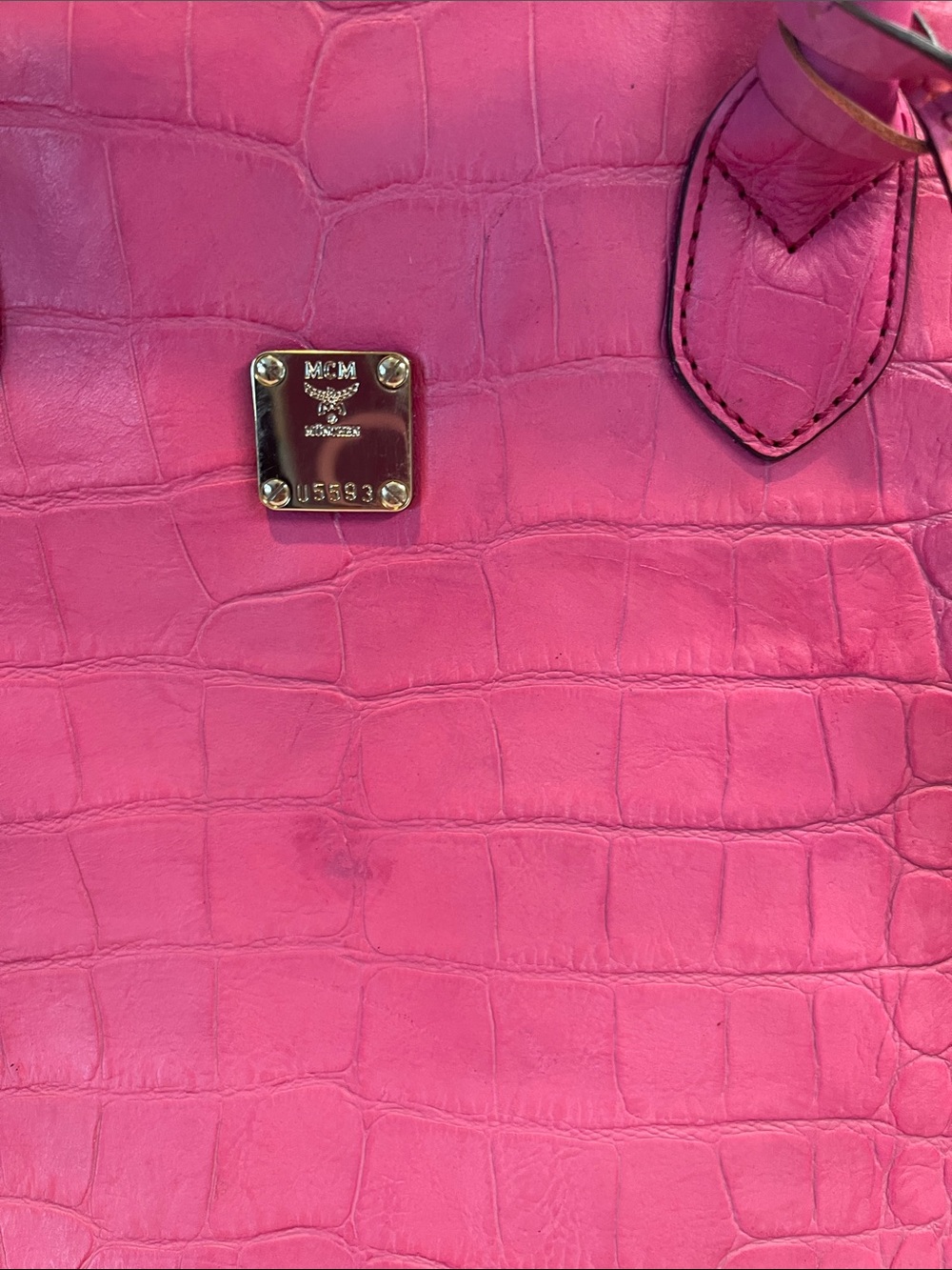 MCM Pink Croc Embossed Leather Satchel Bag w/ Keys & Entrupy Authenticationy - Picture 7 of 17